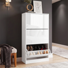 [White] High Gloss 3 Door Shoe Cabinet against a dark hallway wall, two closed doors and one lower flip compartment open