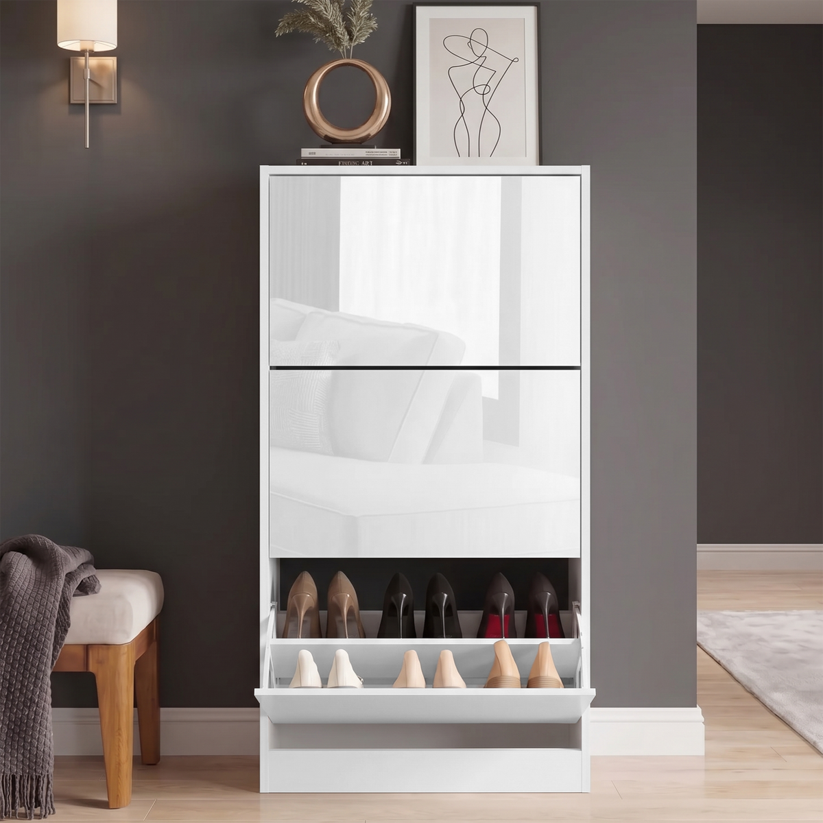 [White] High Gloss 3 Door Shoe Cabinet front-on with two closed doors and one lower flip compartment open showing heels