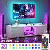 [White] RGB remote and colour palette graphic alongside white high gloss TV unit with strip lights