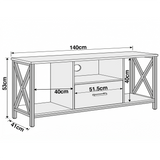 [White] Calvera TV stand diagram 140cm wide 53cm tall 41cm deep, centre shelf 51.5cm, side cabinets 40x40cm