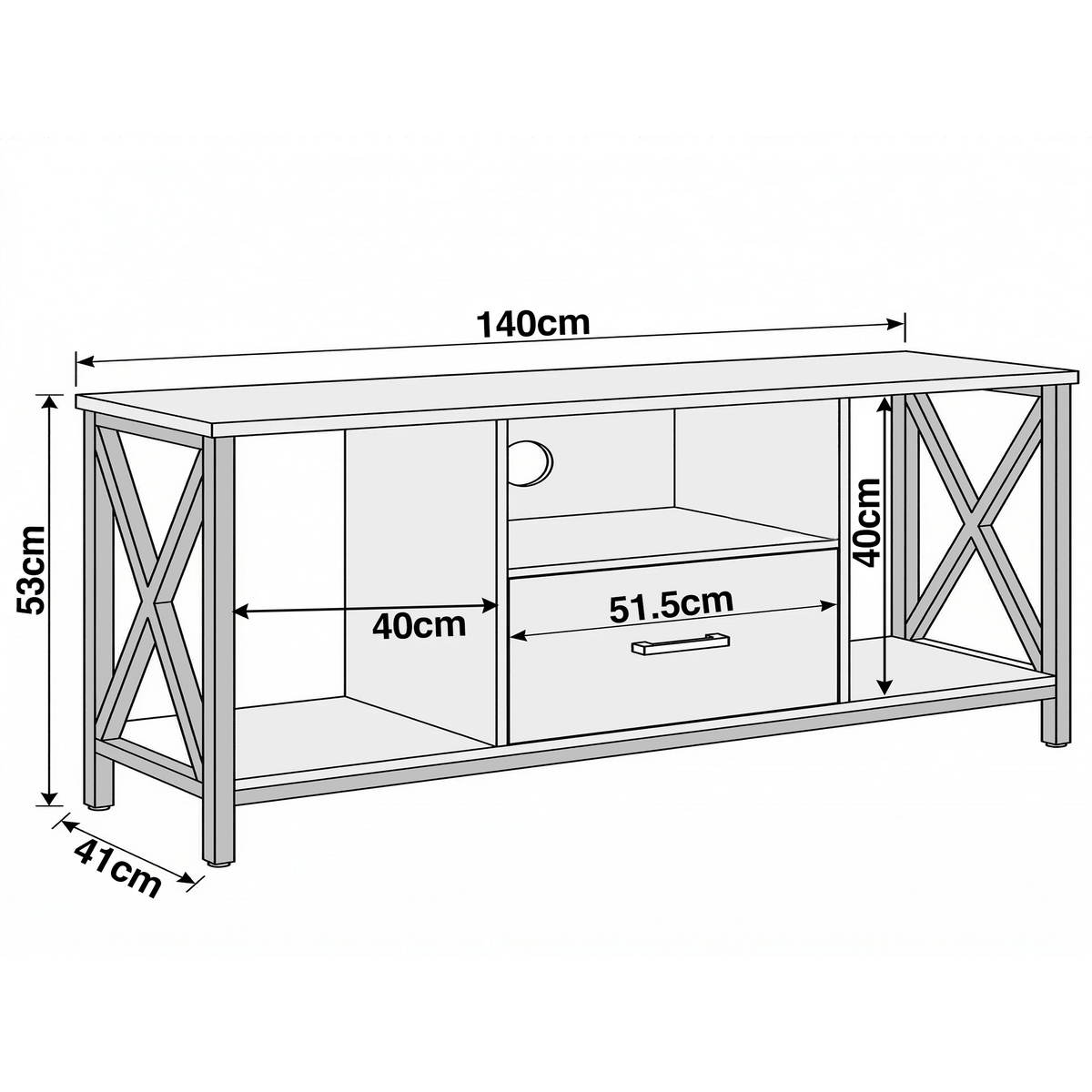 [White] Calvera TV stand diagram 140cm wide 53cm tall 41cm deep, centre shelf 51.5cm, side cabinets 40x40cm