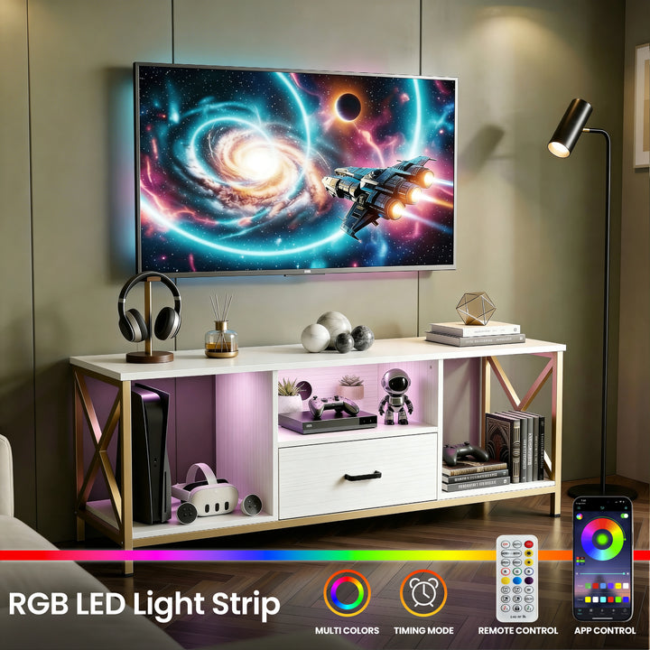 [White] Calvera TV stand with RGB LED strip glowing pink inside the centre shelf, gaming accessories on shelves, headphones