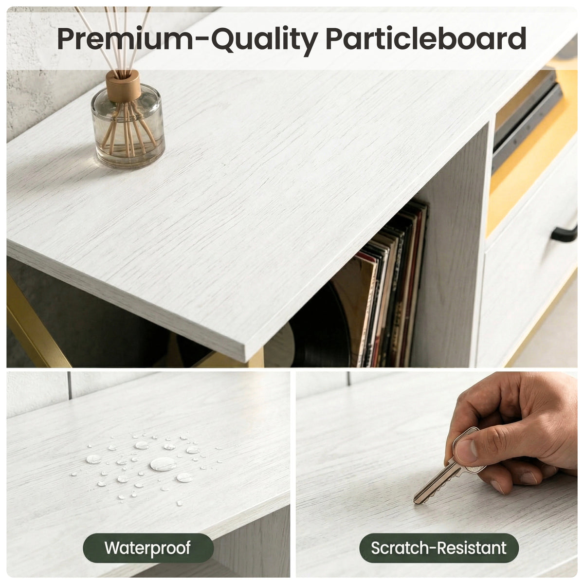 [White] Calvera TV stand laminate surface detail, water droplets on white top, screw scratch test on edge