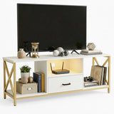 [White] Calvera TV stand on white background, TV on top, router on centre shelf with warm LED, vinyl on right