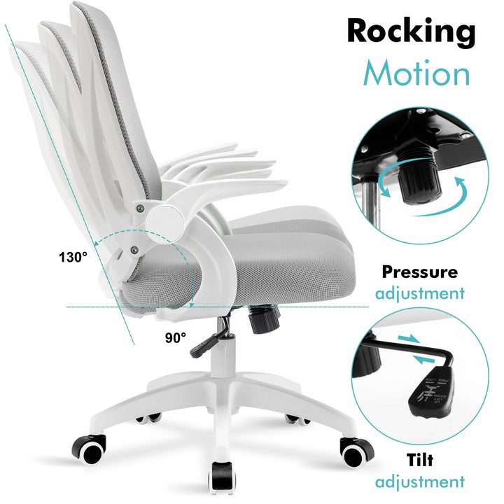 [White + Grey] Grey ergonomic chair with adjustable height, tilt lock, and recline for optimal ergonomic support during long hours.