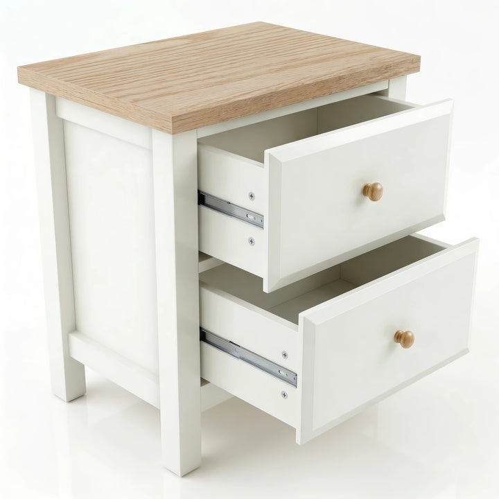 [White] nightstand with wooden top and open drawers on a white background