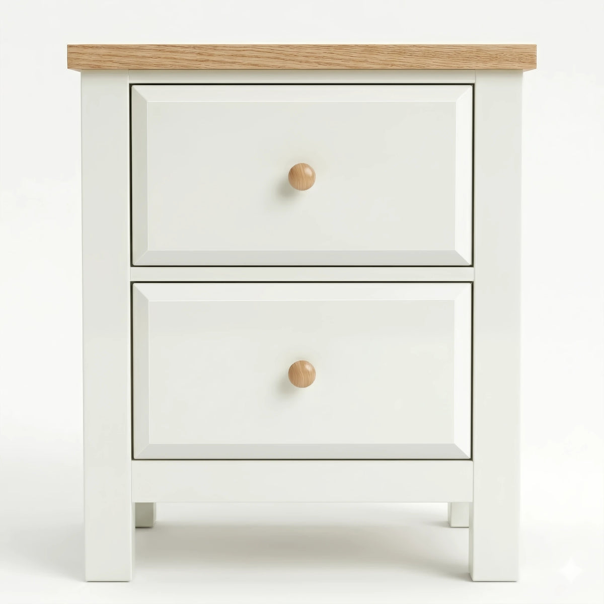 [White] nightstand with two drawers and a wooden top on a white background