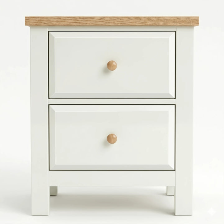 [White] nightstand with two drawers and a wooden top on a white background