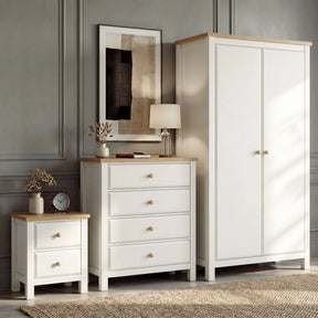 [White] Haven bedroom furniture set showing wardrobe, 4-drawer chest and 2-drawer bedside with oak tops