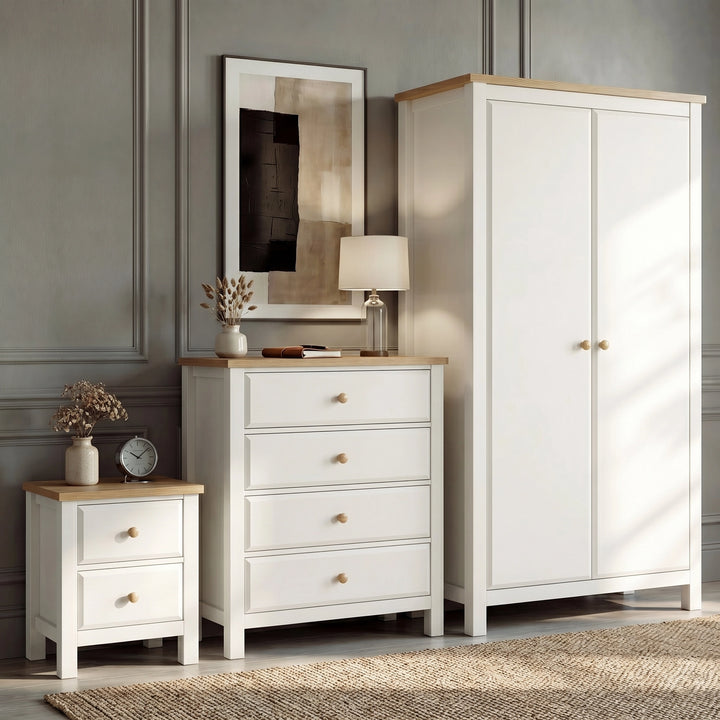 [White] Haven bedroom furniture set showing wardrobe, 4-drawer chest and 2-drawer bedside with oak tops