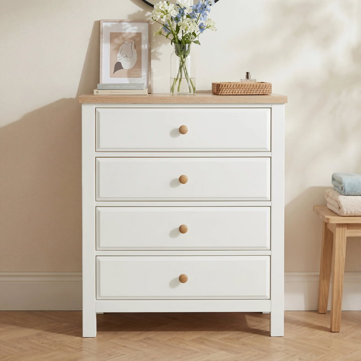 [White] Front Haven bedroom furniture set 4 drawer chest, four equal drawers, oak top, wooden stool right