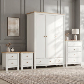 [White] Haven four piece set with 3 door wardrobe, 4 drawer chest and 2 drawer bedside, white finish with oak tops