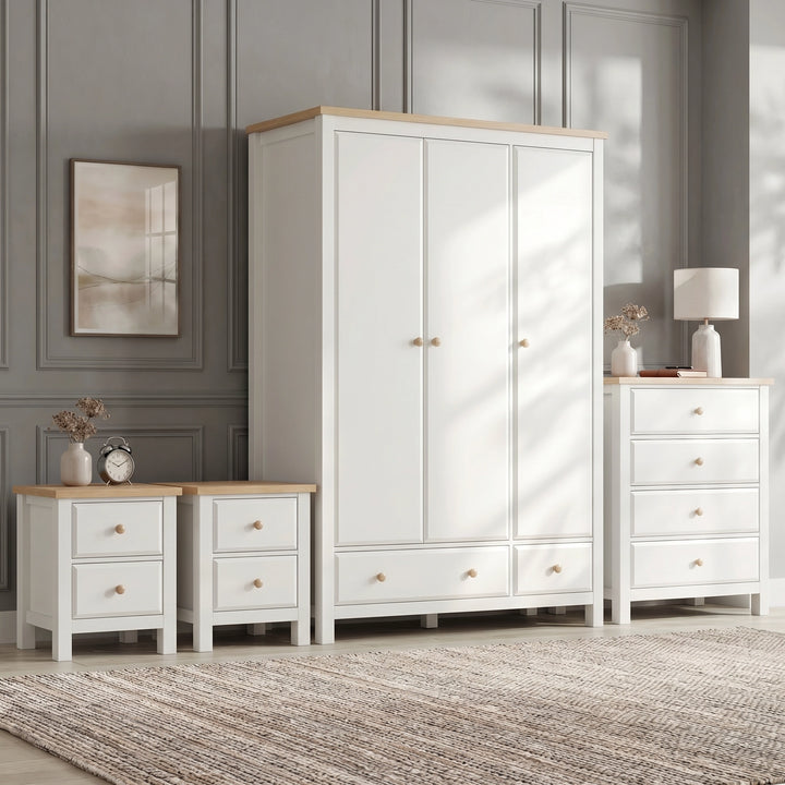 [White] Haven four piece set with 3 door wardrobe, 4 drawer chest and 2 drawer bedside, white finish with oak tops
