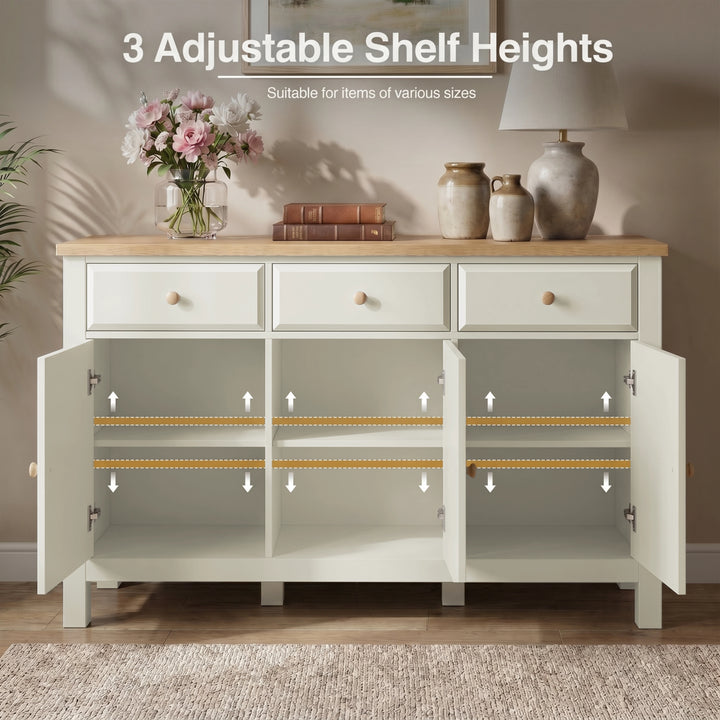 [White] Haven sideboard with doors open, showing three adjustable shelf heights and oak top decor.