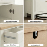 [White] Haven sideboard feature collage showing soft-close hinge, robot cleaner gap, glide rails, and anti-tip kit.