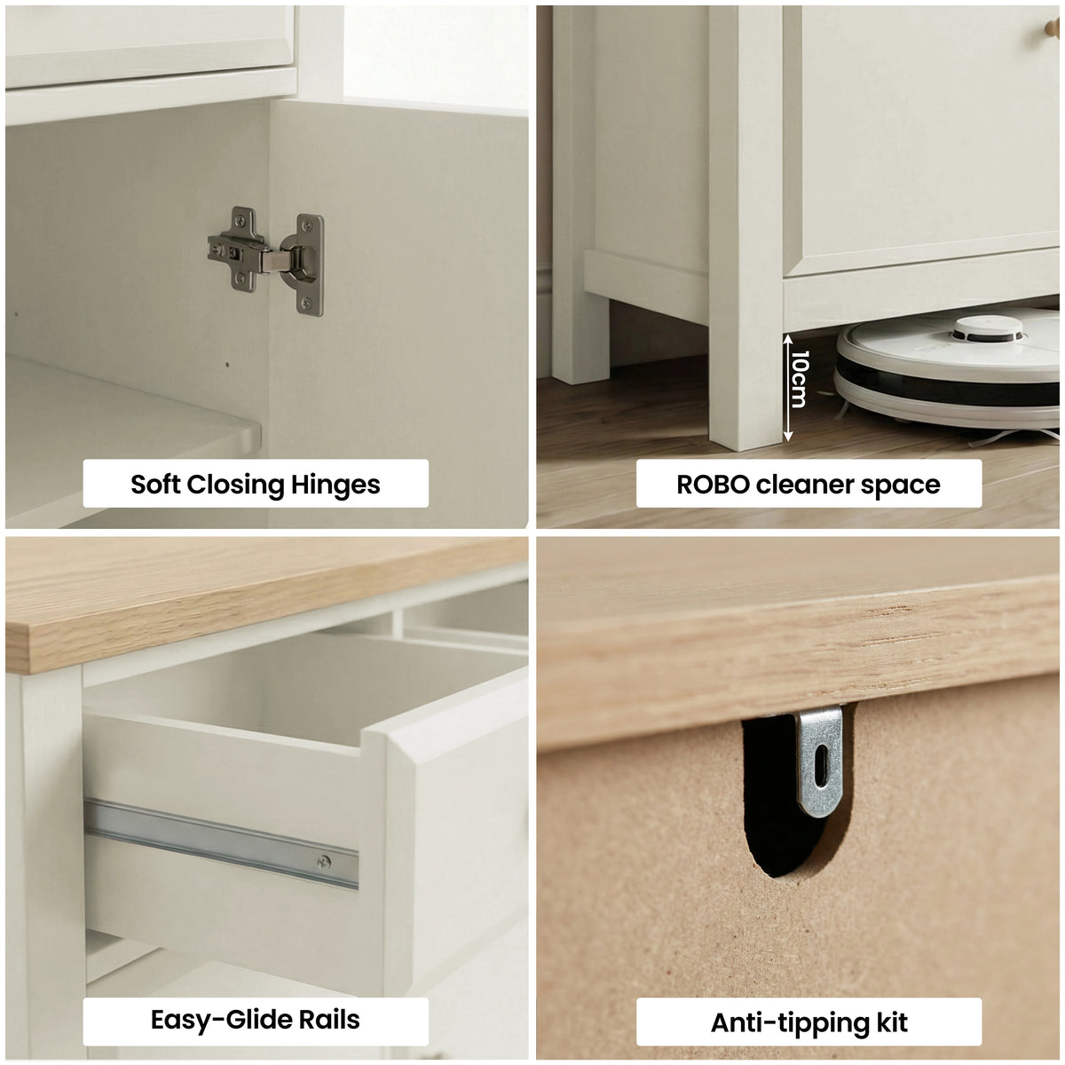 [White] Haven sideboard feature collage showing soft-close hinge, robot cleaner gap, glide rails, and anti-tip kit.
