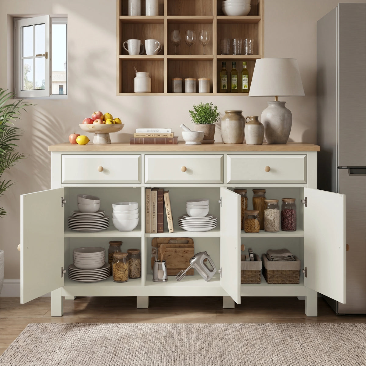 [White] Haven sideboard with doors open, showing plates, jars, books, baskets, drawers, and oak top in kitchen.