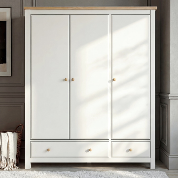 [White] Front view Haven bedroom furniture set wardrobe with three panelled doors and round wooden knobs