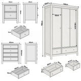 [White] Haven bedroom furniture set dimensions: wardrobe 140 x 55 x 186 cm, chest 83 x 42 x 95.5, bedside 50 x 40 x 60