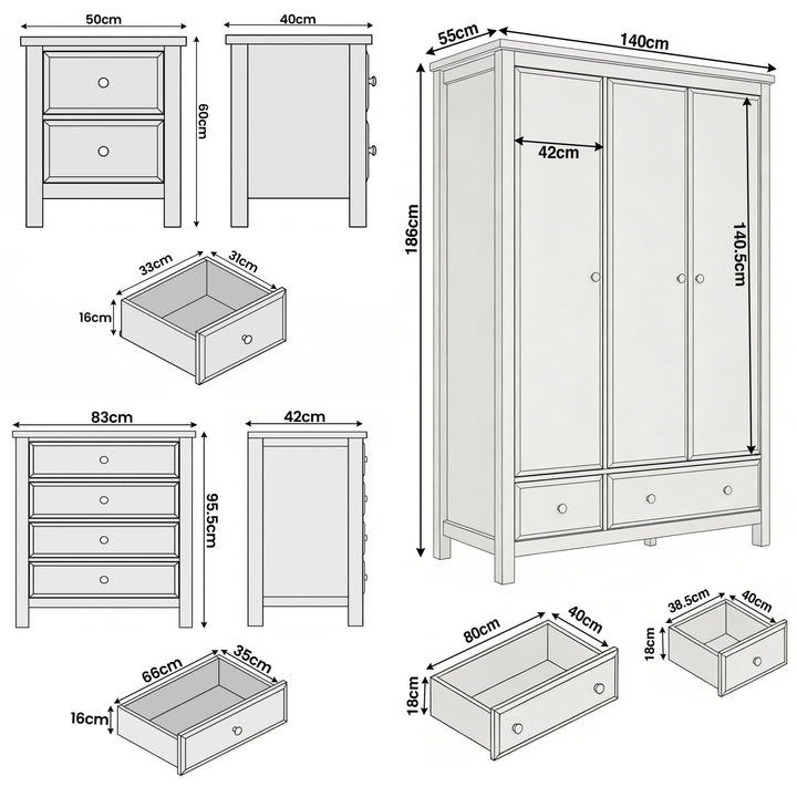 [White] Haven bedroom furniture set dimensions: wardrobe 140 x 55 x 186 cm, chest 83 x 42 x 95.5, bedside 50 x 40 x 60