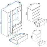 [White] Detailed dimensions of the high gloss 3 wardrobe bedroom set with chest of drawers and nightstand for accurate space planning.