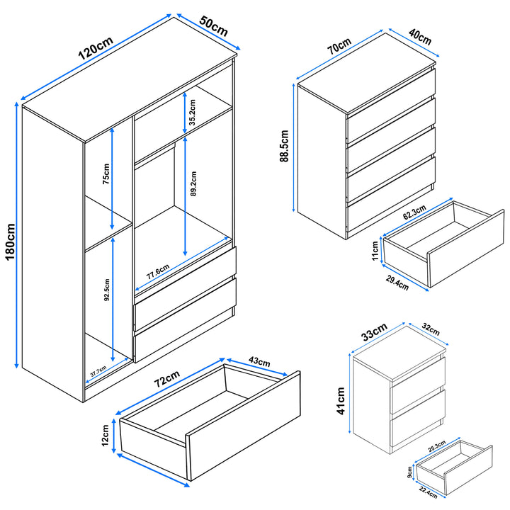 [White] Detailed dimensions of the high gloss 3 wardrobe bedroom set with chest of drawers and nightstand for accurate space planning.