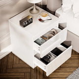 [White] high gloss bedside table from above with both drawers open showing headphones and books