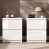 [White]  pair of high gloss bedside tables with handleless push-open drawers styled with clock and lamp