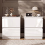 [White]  pair of high gloss bedside tables with handleless push-open drawers styled with clock and lamp
