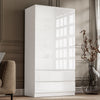 [White] handleless white high gloss 2 door wardrobe with two bottom drawers, window reflection on left door panel