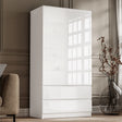 [White] handleless white high gloss 2 door wardrobe with two bottom drawers, window reflection on left door panel