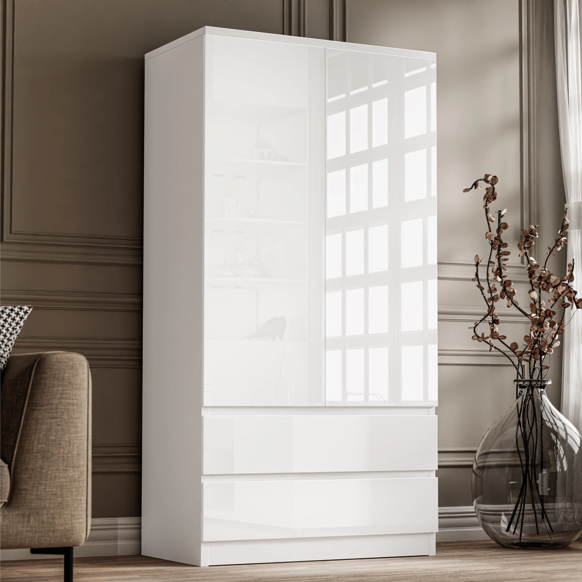 [White] handleless white high gloss 2 door wardrobe with two bottom drawers, window reflection on left door panel