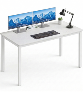 [120 x 50 cm] Home Office Desk 120cm angled product shot on white background showing four-leg frame with dual monitors, keyboard on desk 