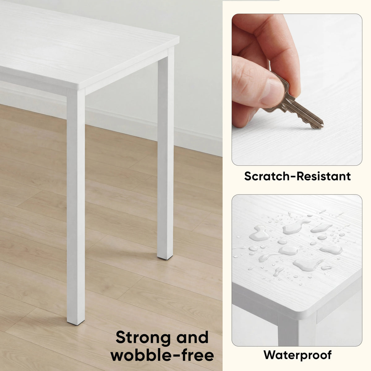 [120 x 50 cm] Home Office Desk close-up showing strong wobble-free metal legs, scratch-resistant surface tested with key, and waterproof tabletop with water droplets