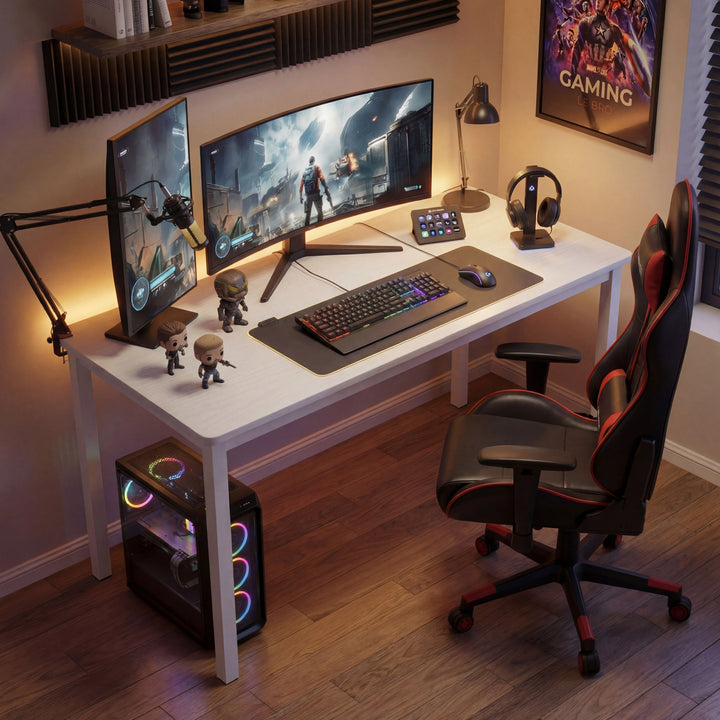 [120 x 50 cm] Home Office Desk arranged with dual monitors, microphone arm, RGB PC tower, gaming chair, and movie poster for a streaming and gaming room aesthetic