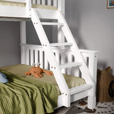[White | Single+Double] Painted timber rungs of triple bunk bed ladder anchored to end frame above lower double bed
