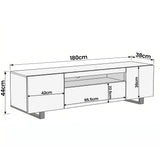 [White] Kystra TV unit line diagram: 180cm wide, 38cm deep, 44cm tall with side cabinet 42cm and centre 95.5cm