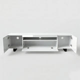 [White] Kystra TV unit on plain white background with all doors open, side cabinets exposed and centre flap door dropped