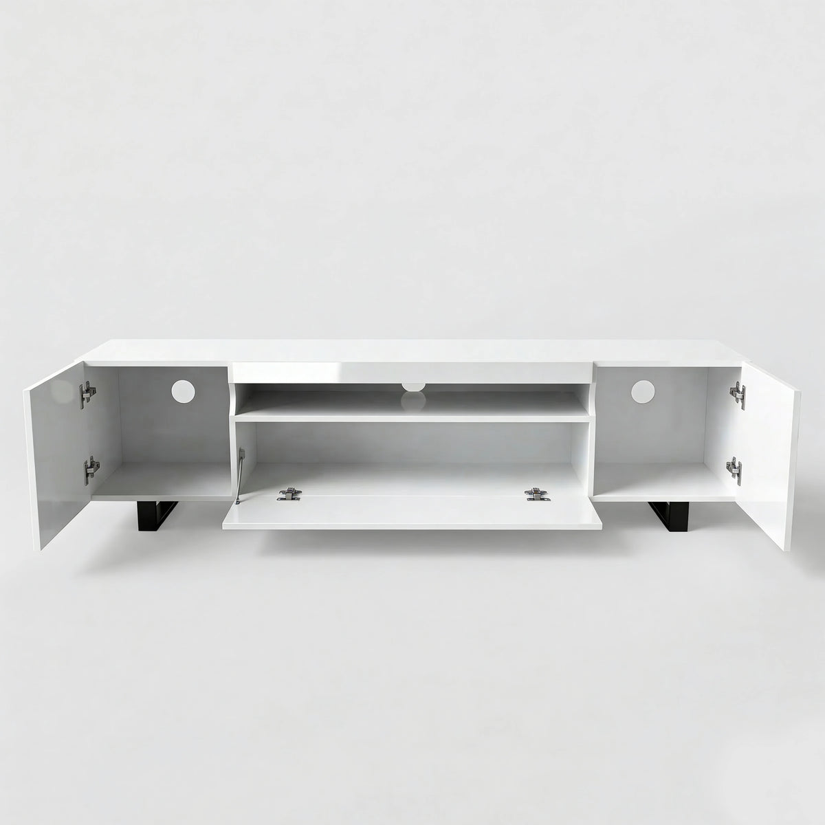 [White] Kystra TV unit on plain white background with all doors open, side cabinets exposed and centre flap door dropped