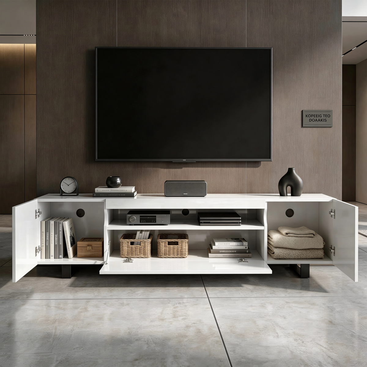 [White] White Kystra TV unit shown with internal storage on view: upright books, woven baskets and centre AV equipment