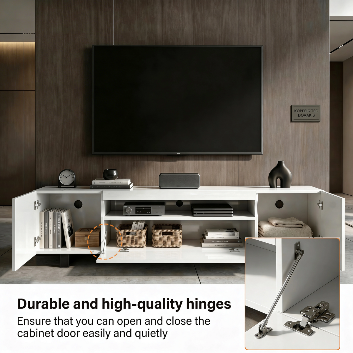 [White] Kystra TV unit doors-open lifestyle shot with a lower-right inset close-up of the metal cabinet hinge