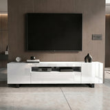 [White] Kystra TV unit facade view with handleless white doors, dark panel wall above and pale tile floor below