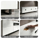 [White] Kystra TV unit feature grid: iron leg detail, three round cable outlets, handleless door and surface wipe