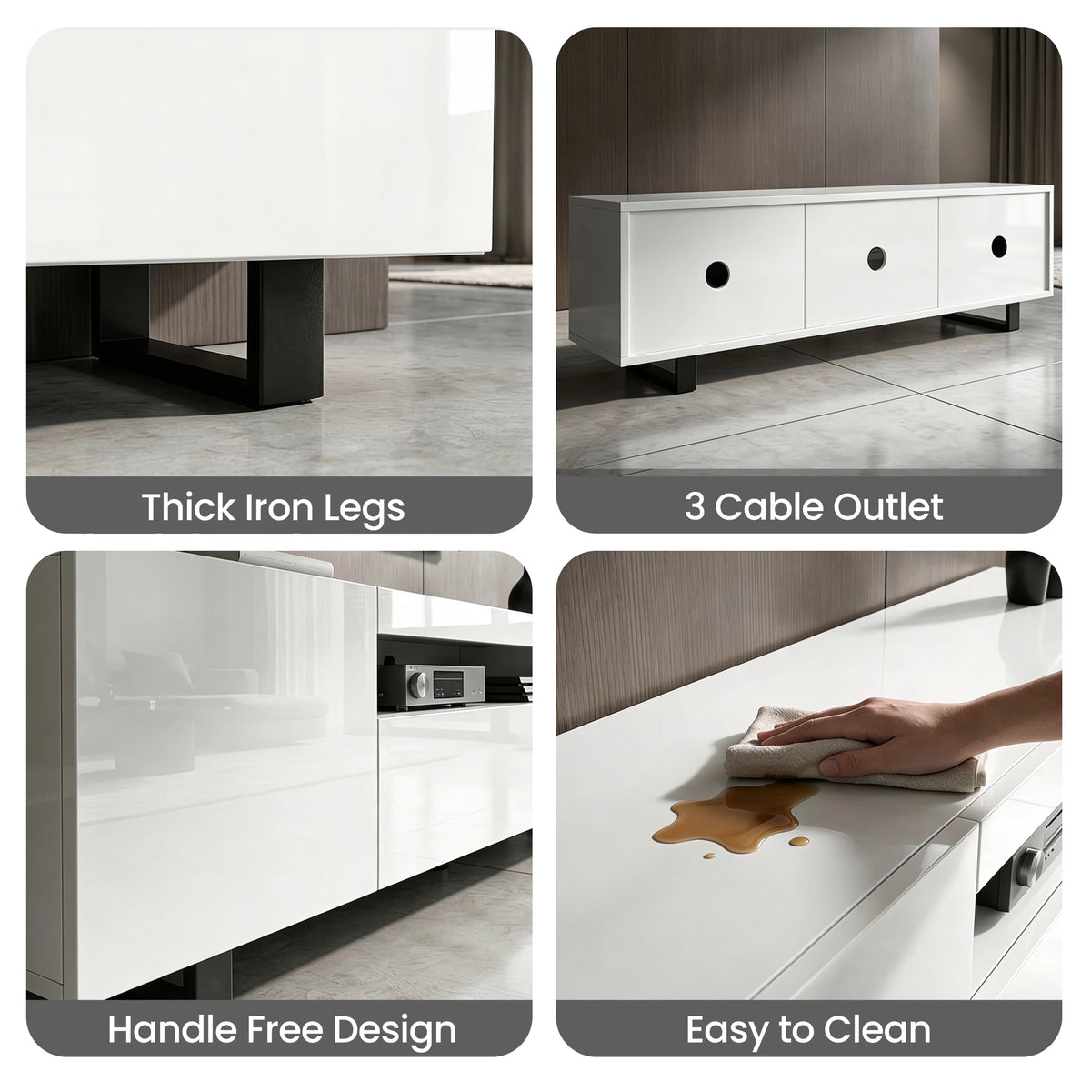 [White] Kystra TV unit feature grid: iron leg detail, three round cable outlets, handleless door and surface wipe