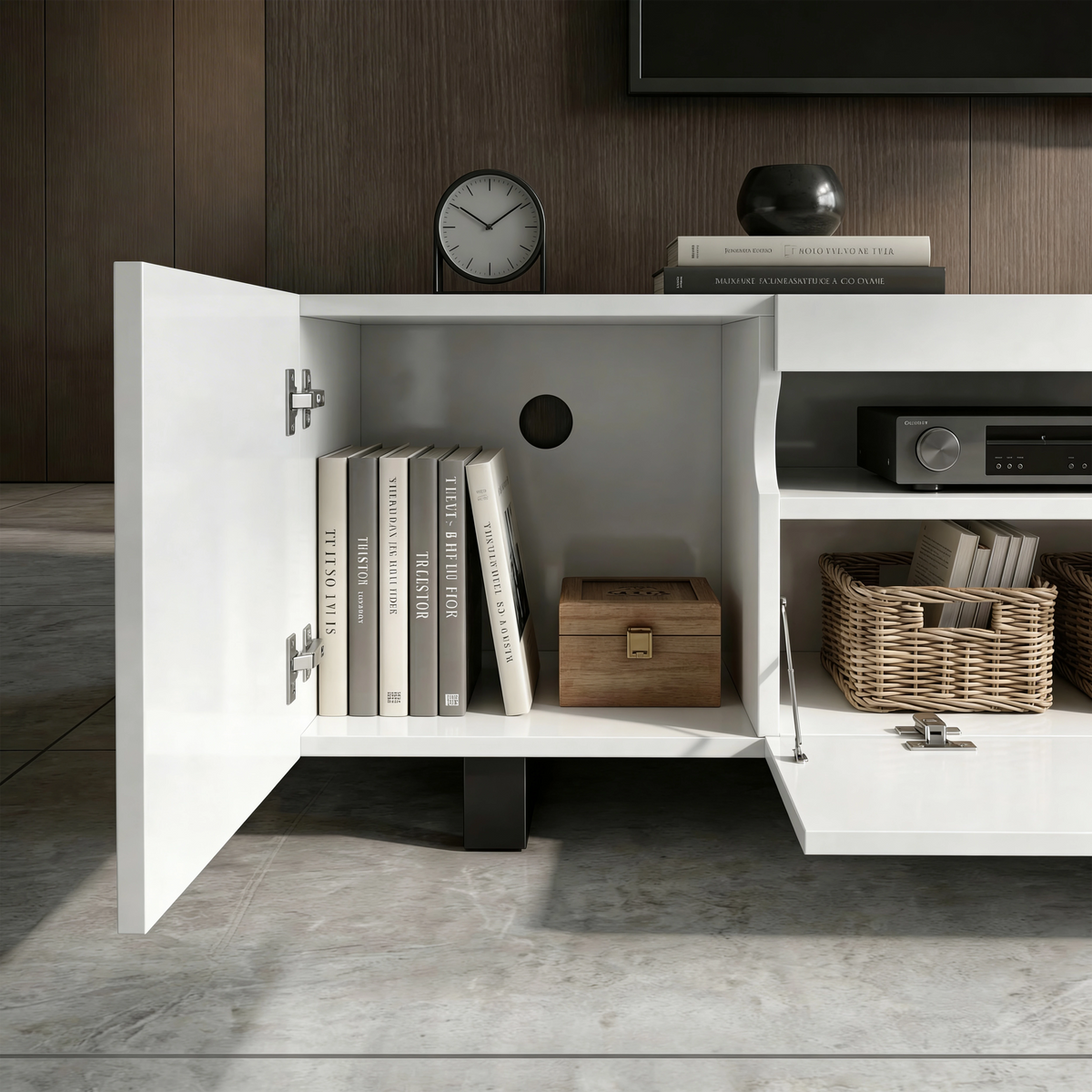 [White] Kystra TV unit close-up of the left side cabinet open showing two chrome hinges and an interior shelf