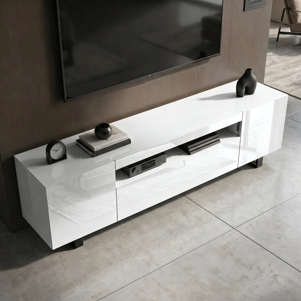 [White] Kystra white TV unit from above showing centre open shelf with AV box and cable, doors closed at sides
