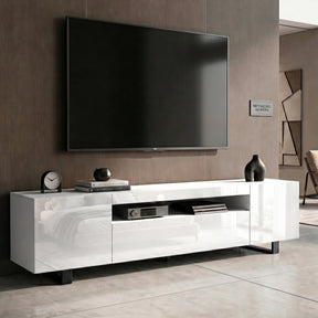 [White] White gloss Kystra TV unit beneath a black flat-screen TV on a dark vertical-plank wall, AV unit on the centre shelf