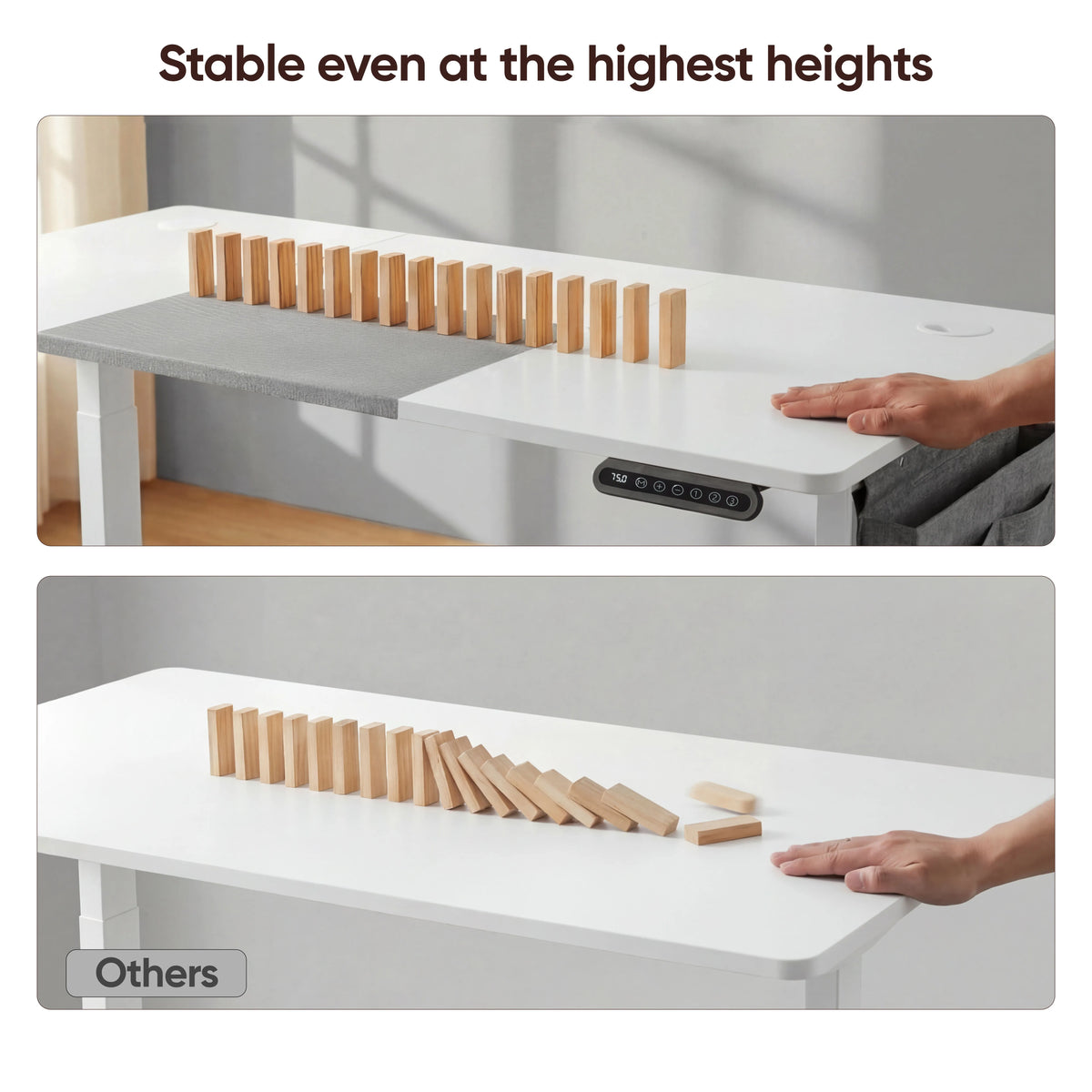 [120cm x 60cm] Stability test of 120x60cm white electric standing desk: row of upright dominoes stays on raised top