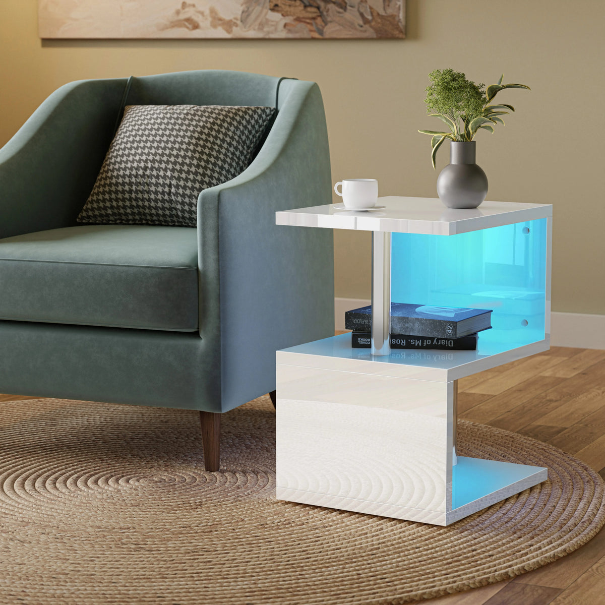 [White] White high gloss sofa side table beside dark green wingback armchair with vase of greenery on top