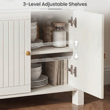 [White] cabinet with open door showing 3-level adjustable shelves and kitchen items inside.
